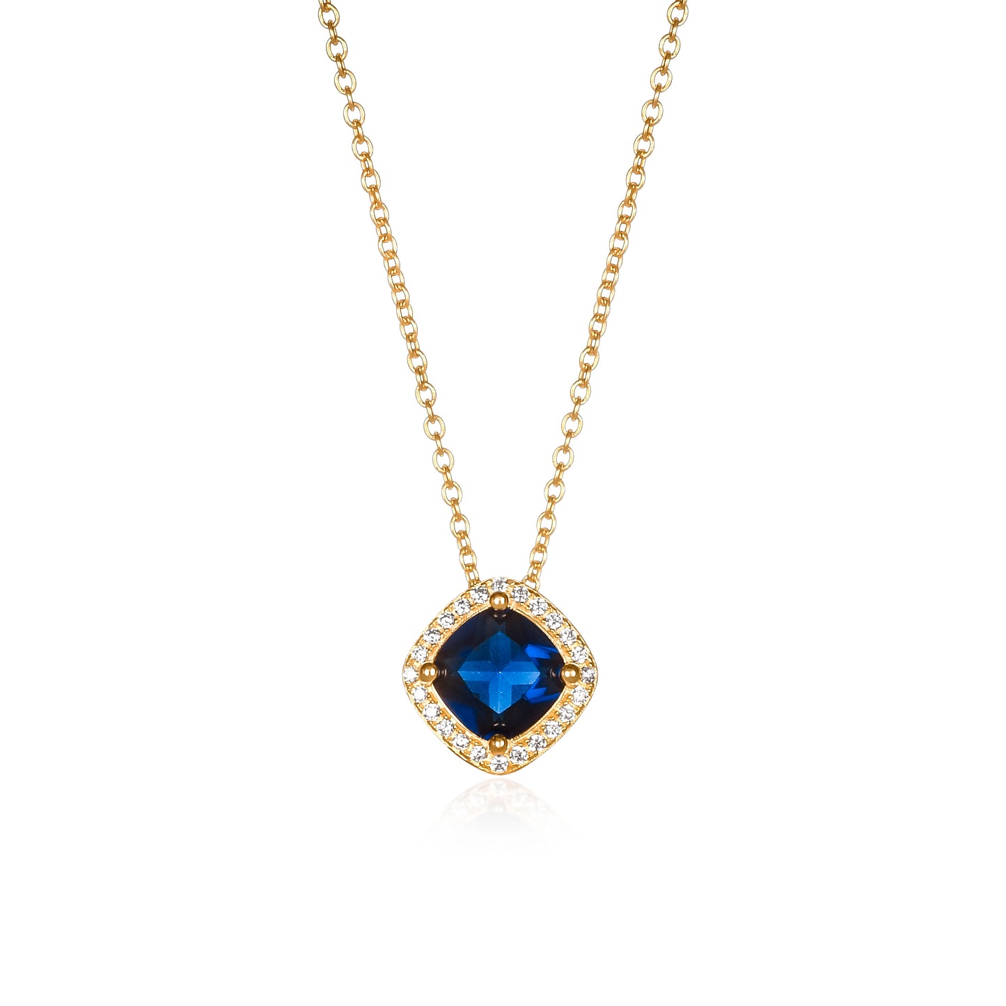 Gold Plated Sterling Silver Blue Cubic Zirconia Cushion Halo Pendant Necklace