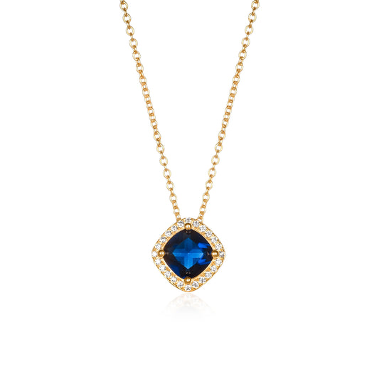 Gold Plated Sterling Silver Blue Cubic Zirconia Cushion Halo Pendant Necklace
