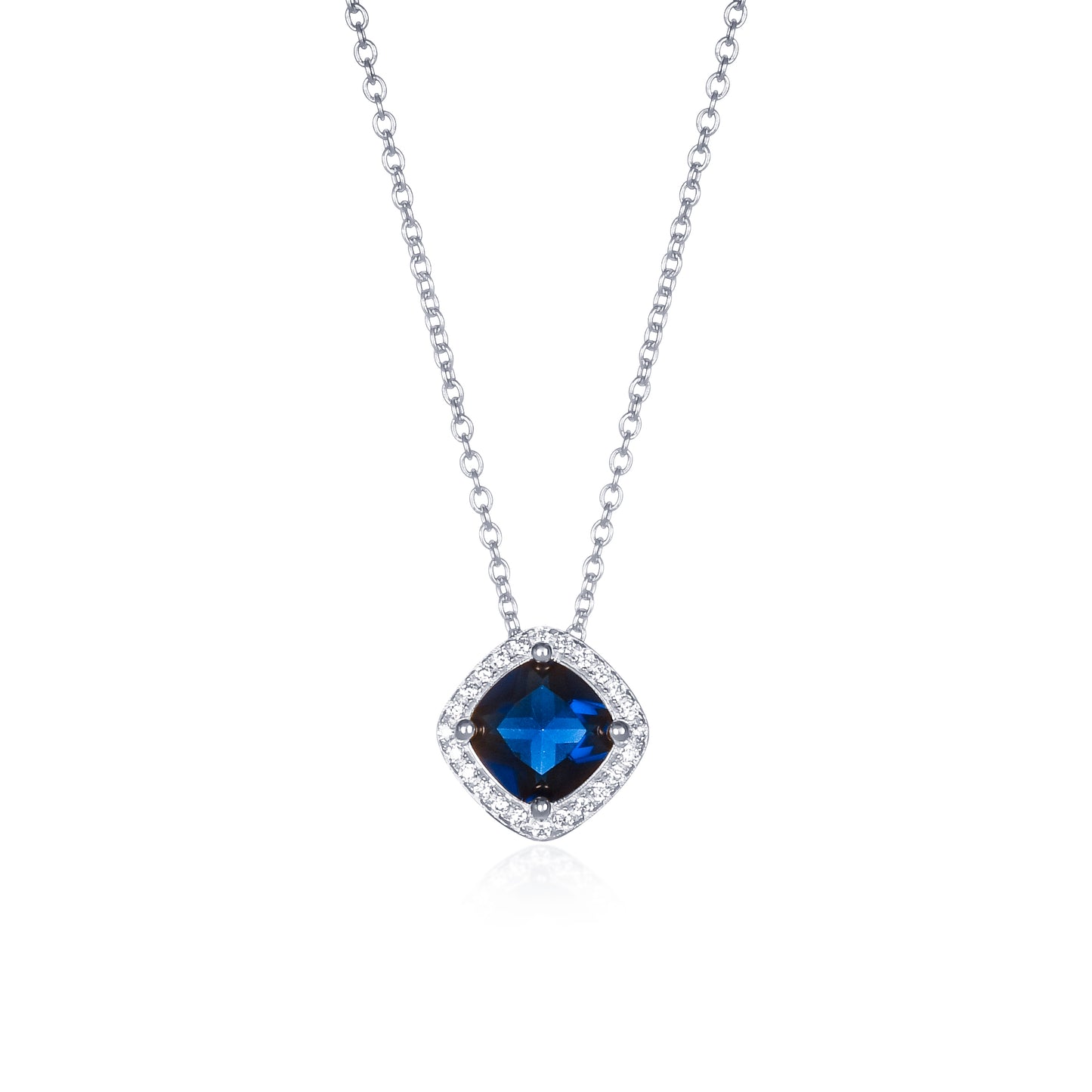 925 Sterling Silver Blue Cubic Zirconia Cushion Halo Pendant Necklace
