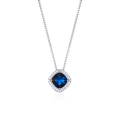 925 Sterling Silver Blue Cubic Zirconia Cushion Halo Pendant Necklace