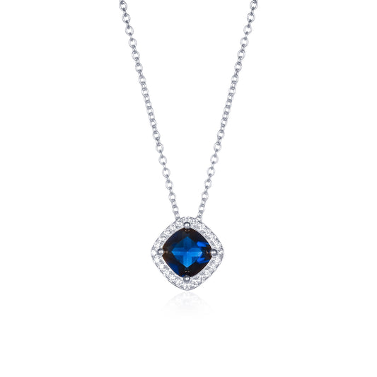 925 Sterling Silver Blue Cubic Zirconia Cushion Halo Pendant Necklace