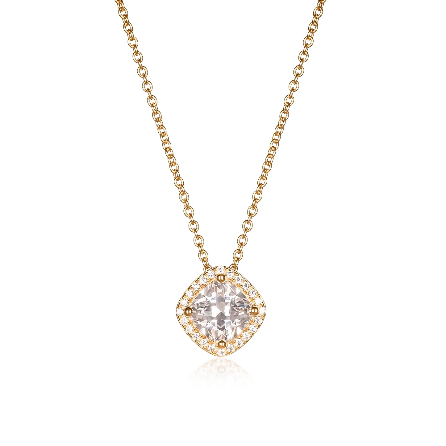 Gold Plated Sterling Silver Cubic Zirconia Cushion Halo Pendant Necklace