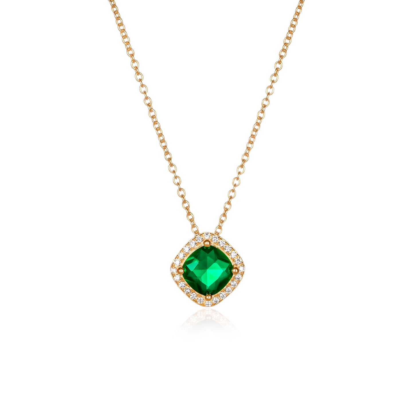 Gold Plated Sterling Silver Green Cubic Zirconia Cushion Halo Pendant Necklace
