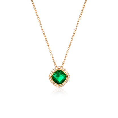 Gold Plated Sterling Silver Green Cubic Zirconia Cushion Halo Pendant Necklace