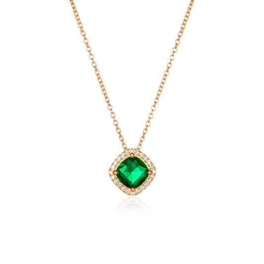 Gold Plated Sterling Silver Green Cubic Zirconia Cushion Halo Pendant Necklace