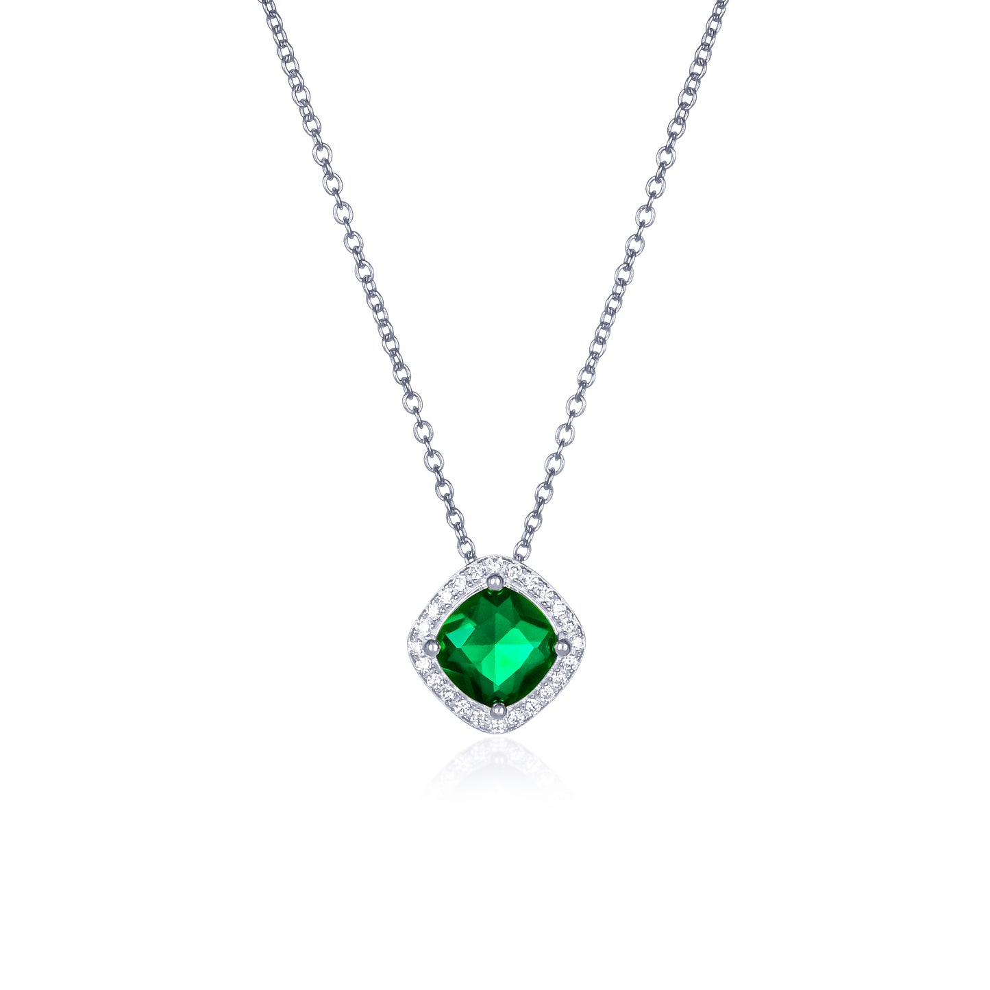 925 Sterling Silver Green Cubic Zirconia Cushion Halo Pendant Necklace