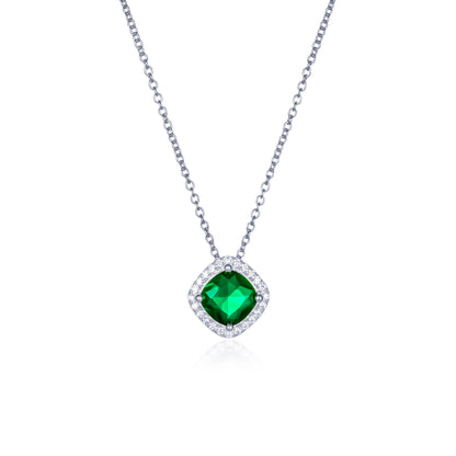 925 Sterling Silver Green Cubic Zirconia Cushion Halo Pendant Necklace