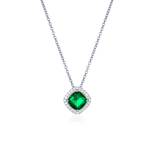 925 Sterling Silver Green Cubic Zirconia Cushion Halo Pendant Necklace