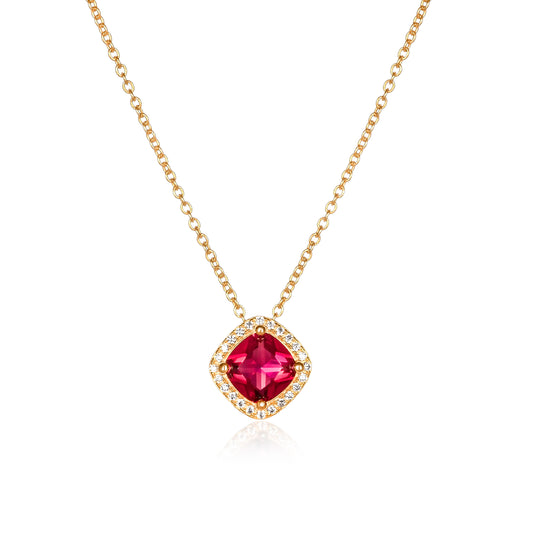 Gold Plated Sterling Silver Red Cubic Zirconia Cushion Halo Pendant Necklace