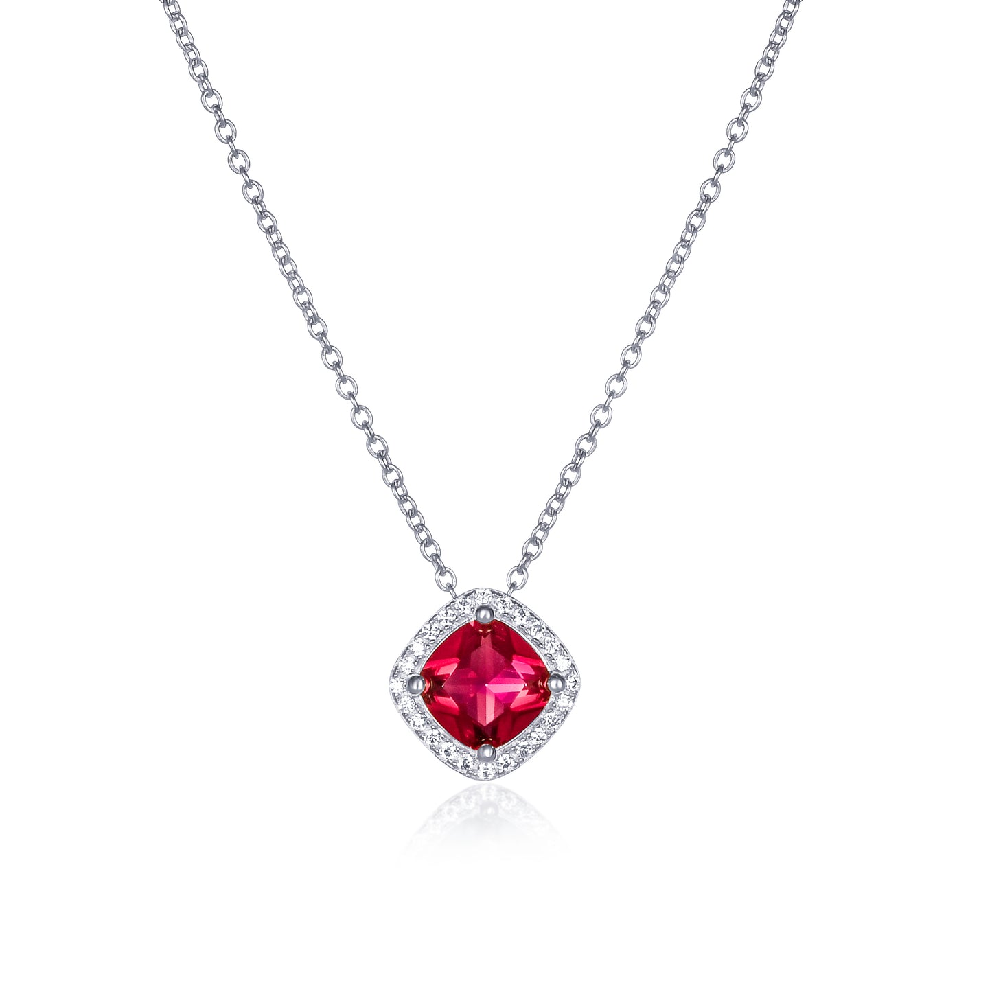 925 Sterling Silver Red Cubic Zirconia Cushion Halo Pendant Necklace