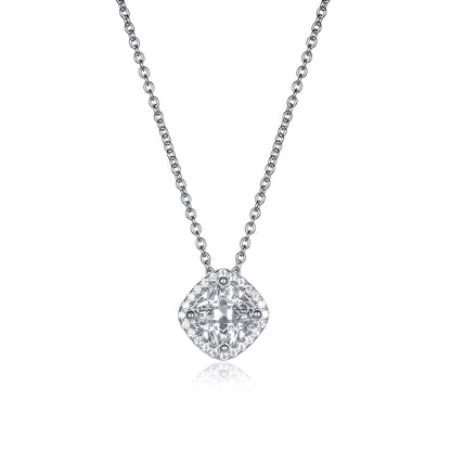 925 Sterling Silver  Cubic Zirconia Cushion Halo Pendant Necklace