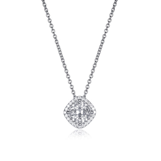 925 Sterling Silver  Cubic Zirconia Cushion Halo Pendant Necklace