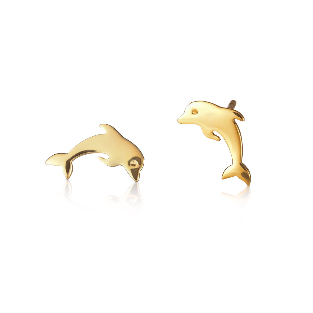Gold Plated 925 Sterling Silver Cute Dolphin Shaped Small Stud Earrings for Women