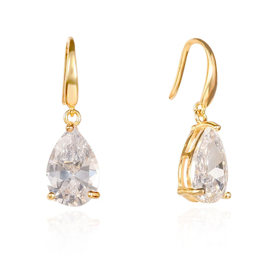 Gold Plated 925 Sterling Silver Pear Drop Earrings with Clear Stones