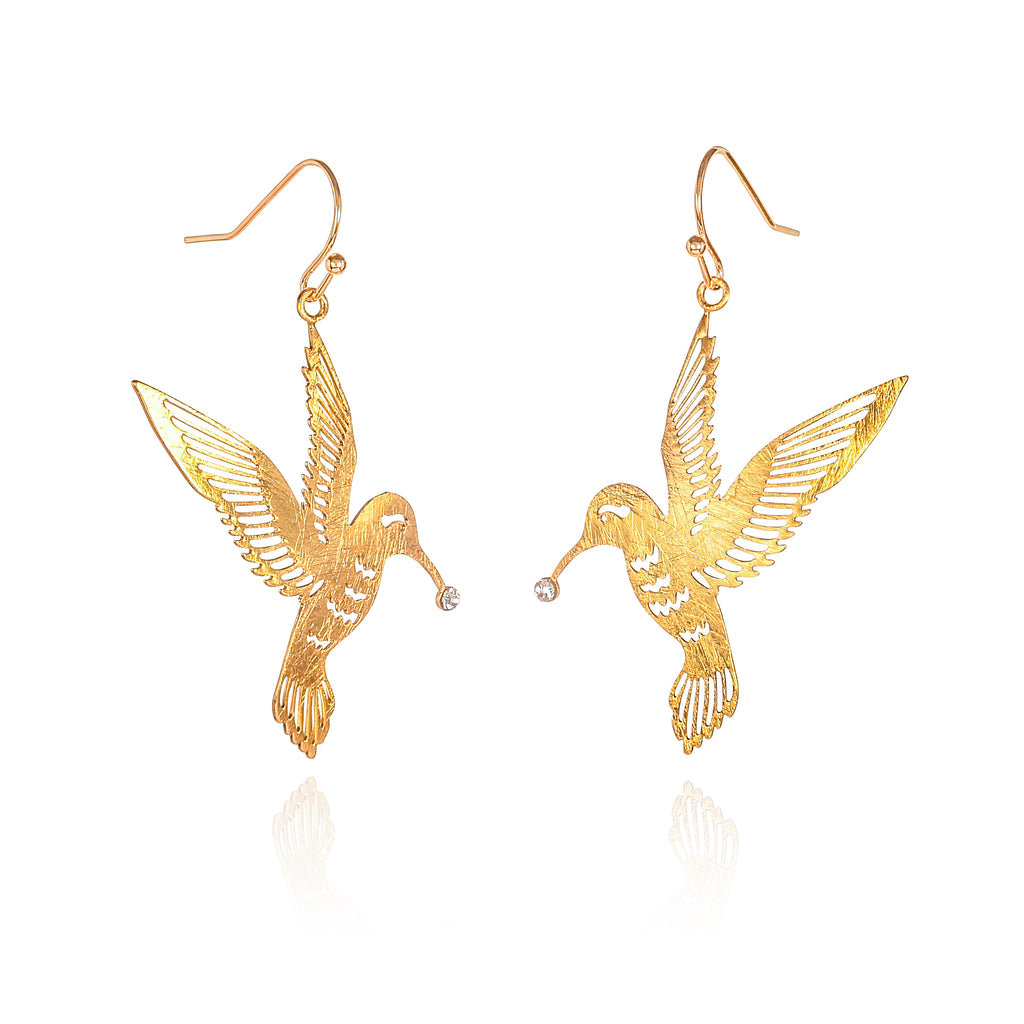 Gold Bird Dangle Earrings in a Hummingbird Design for Women