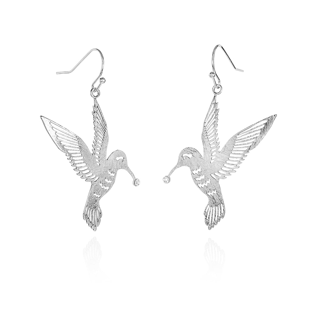 Silver Bird Dangle Earrings in a Hummingbird Design for Women