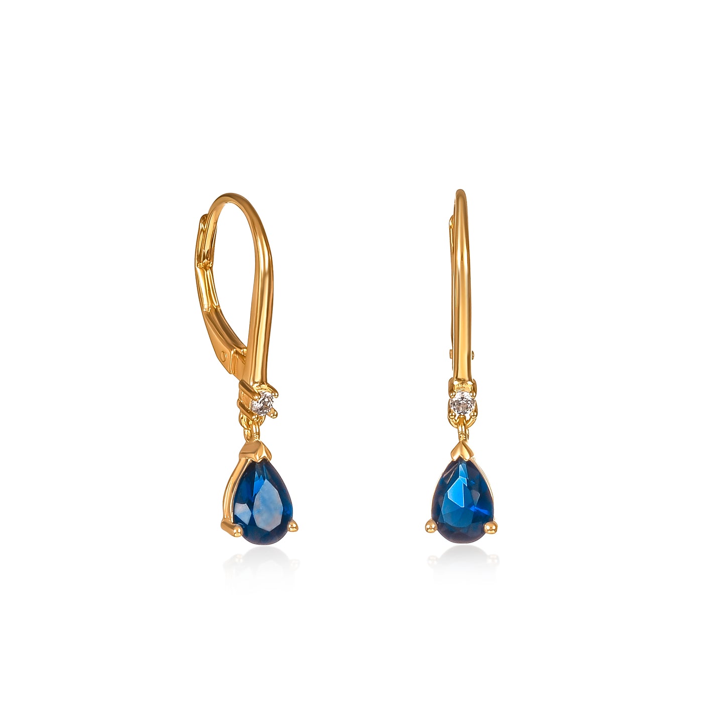 Gold Plated Sterling Silver Blue Pear Drop Cubic Zirconia Leverback Dangle Earrings