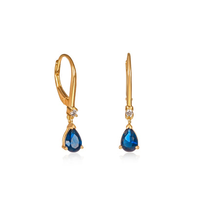 Gold Plated Sterling Silver Blue Pear Drop Cubic Zirconia Leverback Dangle Earrings