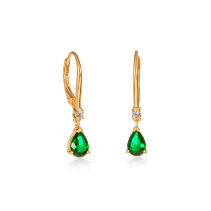 Gold Plated Sterling Silver Green Pear Drop Cubic Zirconia Leverback Dangle Earrings