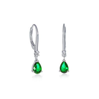 925 Sterling Silver Green Pear Drop Cubic Zirconia Leverback Dangle Earrings