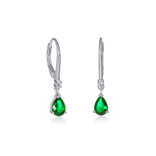 925 Sterling Silver Green Pear Drop Cubic Zirconia Leverback Dangle Earrings