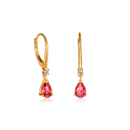 Gold Plated Sterling Silver Red Pear Drop Cubic Zirconia Leverback Dangle Earrings