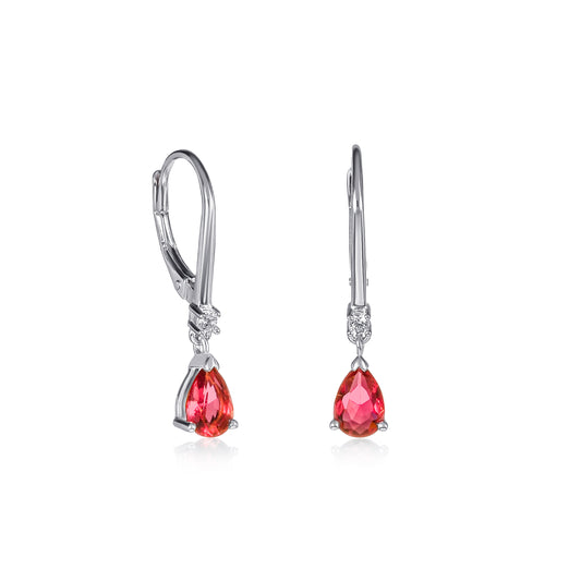 925 Sterling Silver Red Pear Drop Cubic Zirconia Leverback Dangle Earrings