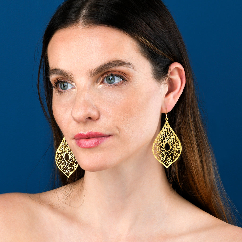 Gold Large Leaf Shaped Teardrop Dangle Earrings for Women