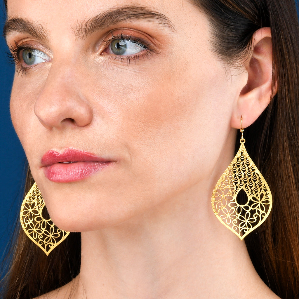 Gold Large Leaf Shaped Teardrop Dangle Earrings for Women