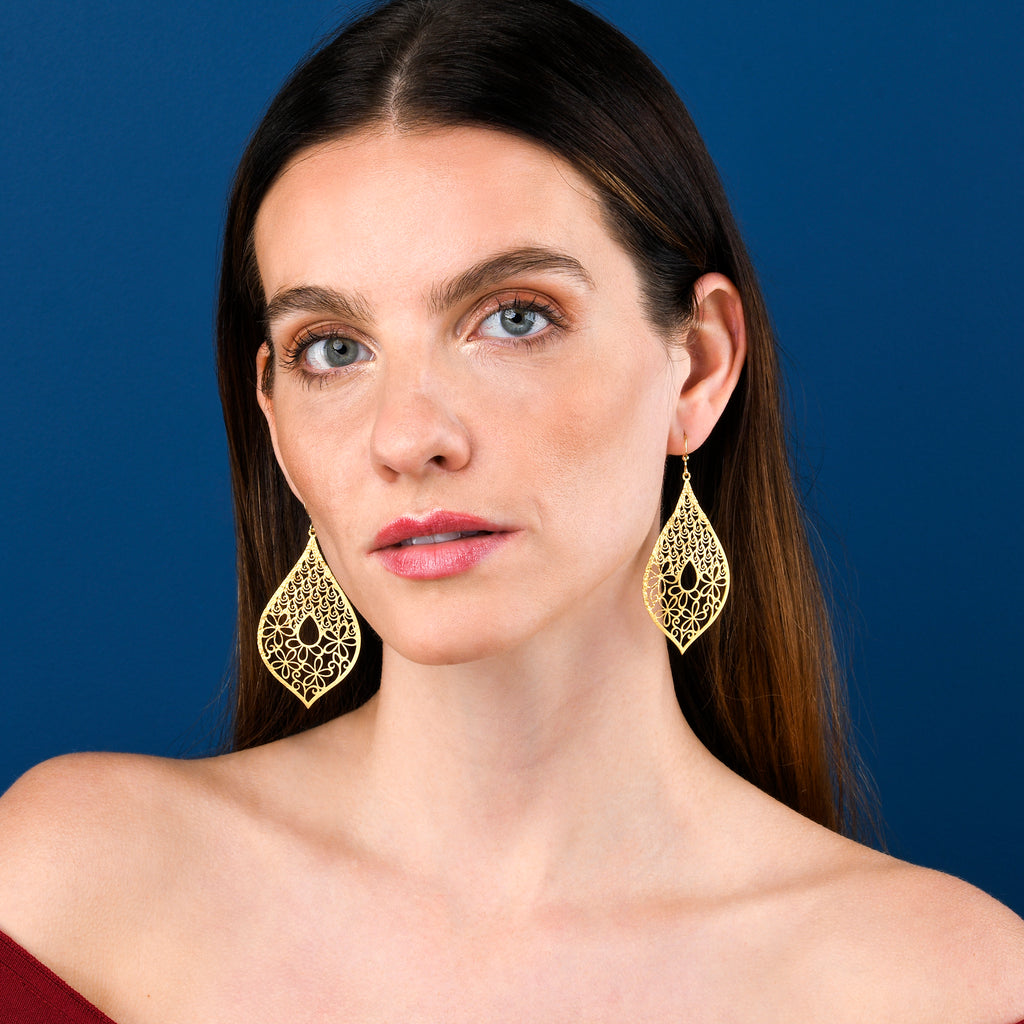 Gold Large Leaf Shaped Teardrop Dangle Earrings for Women