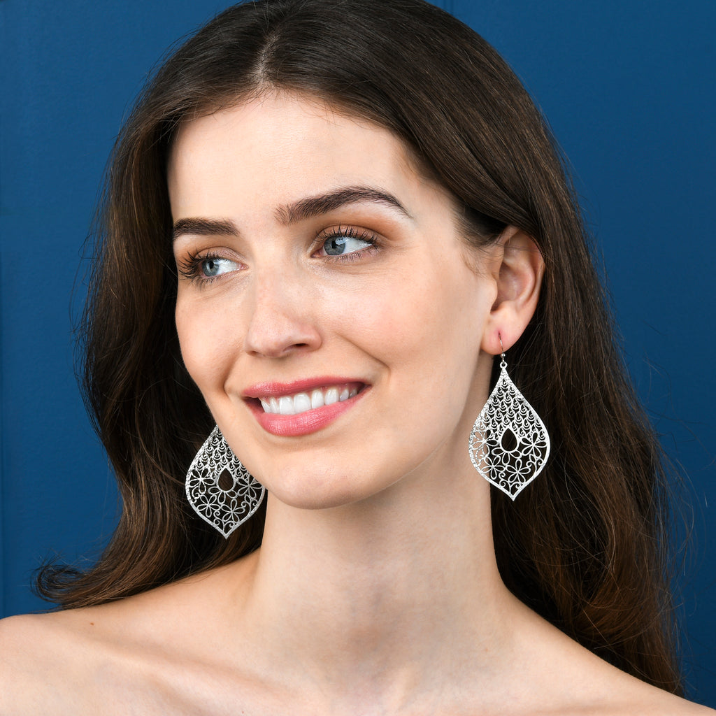 Silver Large Leaf Shaped Teardrop Dangle Earrings for Women