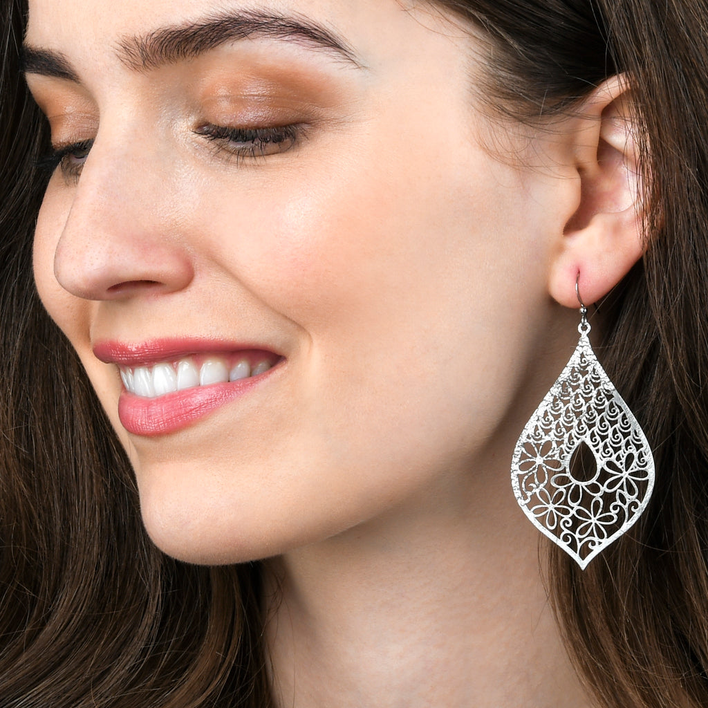 Silver Large Leaf Shaped Teardrop Dangle Earrings for Women