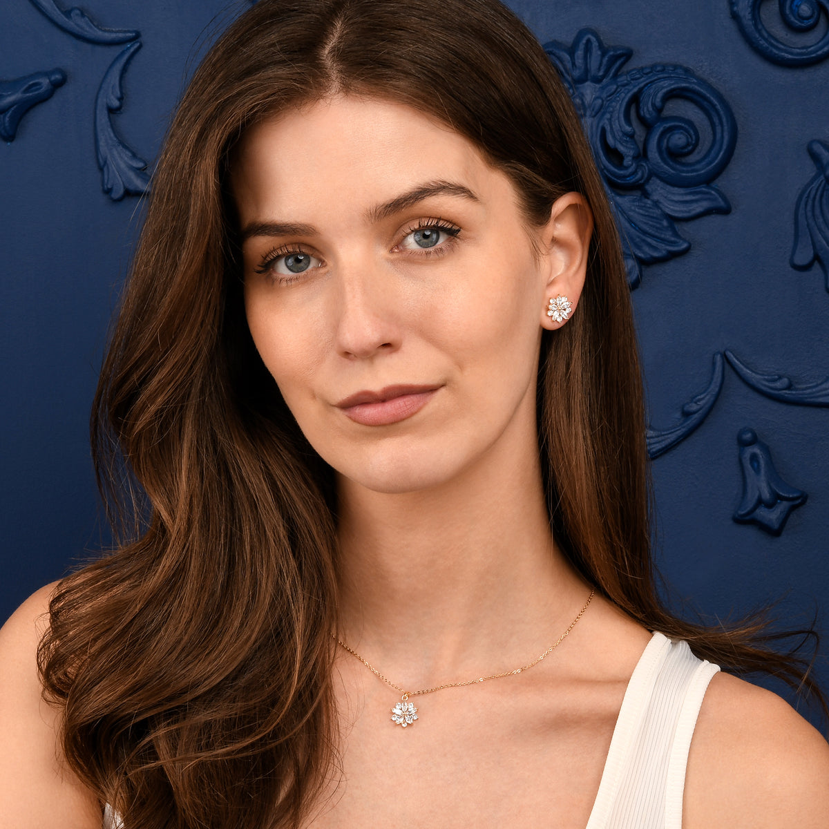 Gold Sparkling Floral Pendant Necklace with Marquise and Round Cubic Zirconia stones