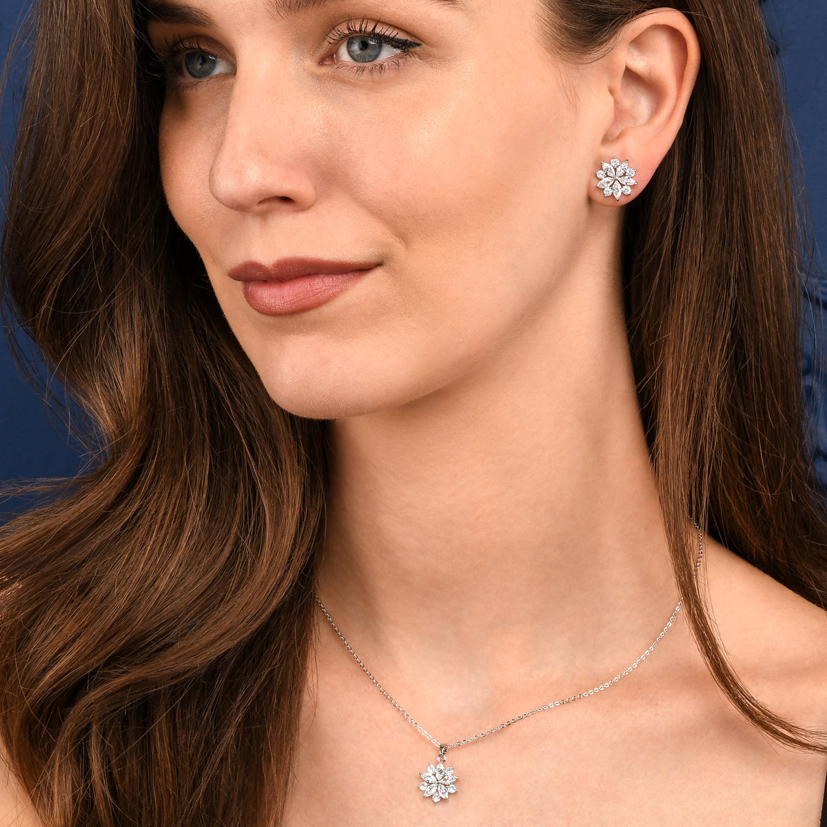 Silver Sparkling Floral Pendant Necklace with Marquise and Round Cubic Zirconia stones