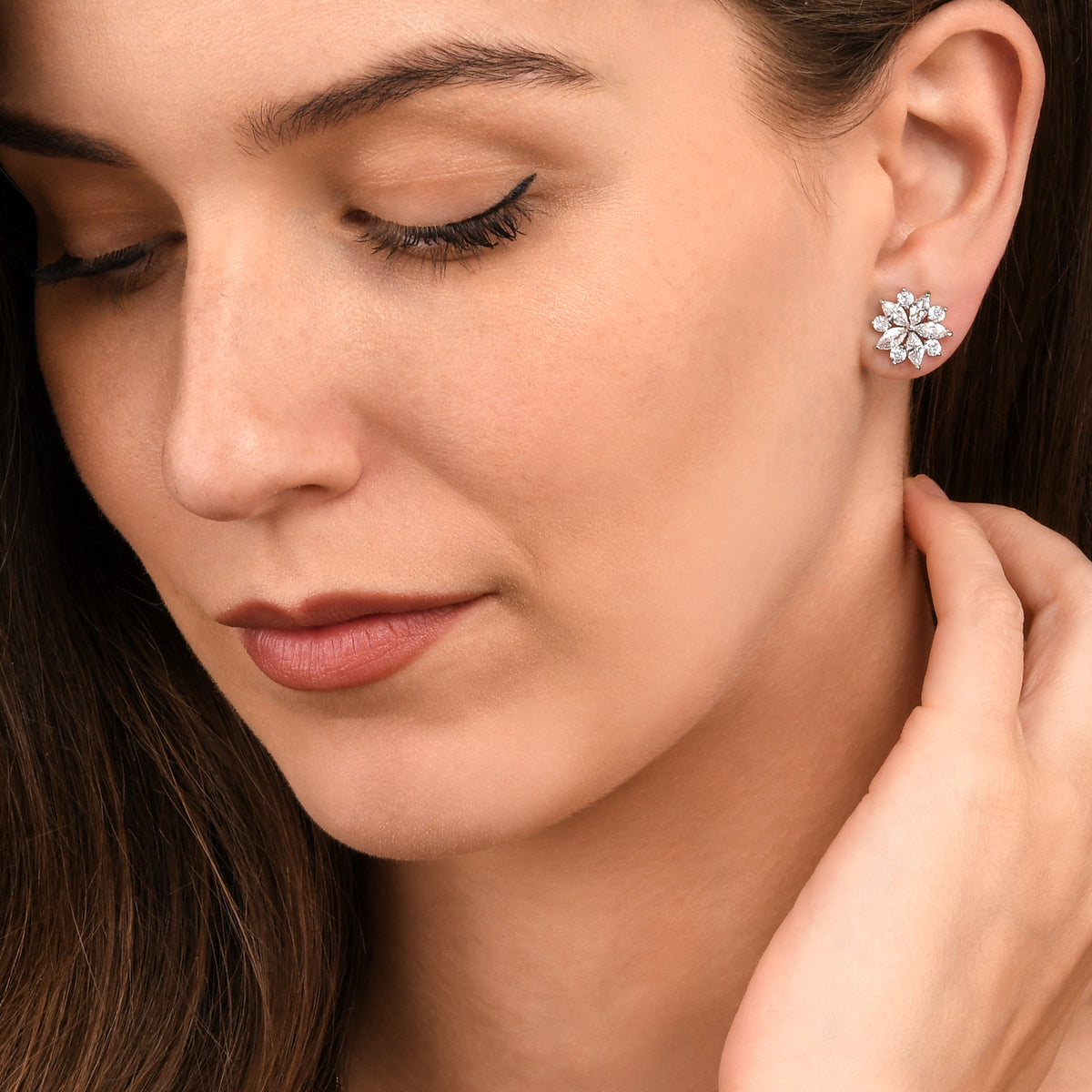 Silver Floral Stud Earrings for Women with Marquise and Round Cubic Zirconia stones
