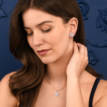Silver Sparkling Floral Pendant Necklace with Marquise and Round Cubic Zirconia stones