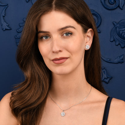 Silver Sparkling Floral Pendant Necklace with Marquise and Round Cubic Zirconia stones