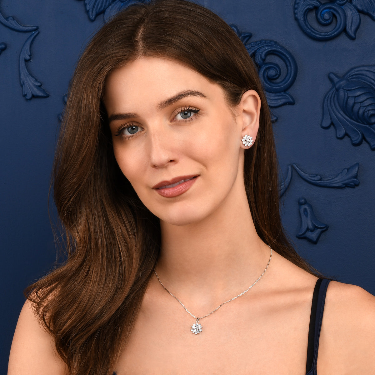 Silver Sparkling Floral Pendant Necklace with Marquise and Round Cubic Zirconia stones