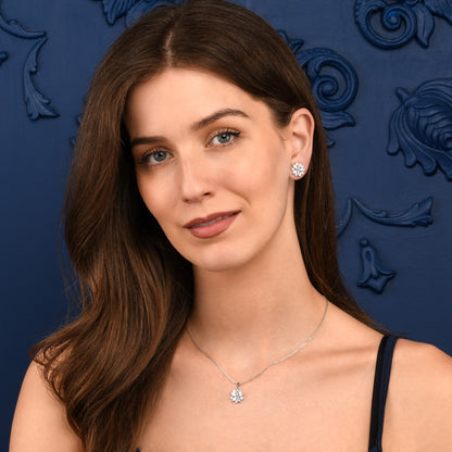 Silver Sparkling Floral Pendant Necklace with Marquise and Round Cubic Zirconia stones