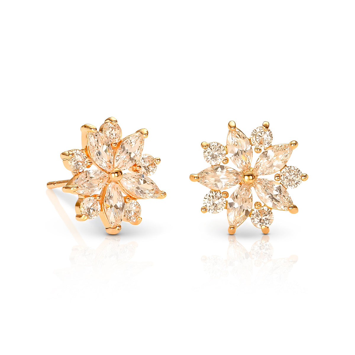 Gold Floral Stud Earrings for Women with Marquise and Round Cubic Zirconia stones