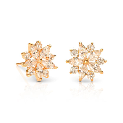 Gold Floral Stud Earrings for Women with Marquise and Round Cubic Zirconia stones