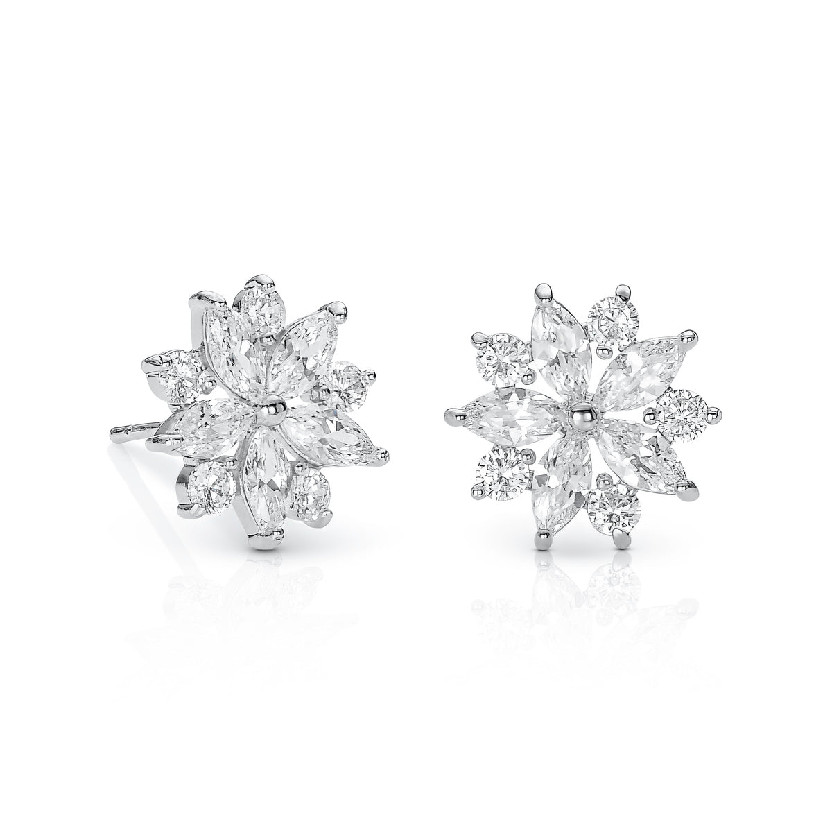 Silver Floral Stud Earrings for Women with Marquise and Round Cubic Zirconia stones