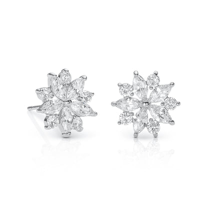 Silver Floral Stud Earrings for Women with Marquise and Round Cubic Zirconia stones