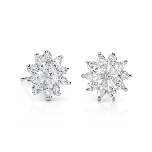 Silver Floral Stud Earrings for Women with Marquise and Round Cubic Zirconia stones