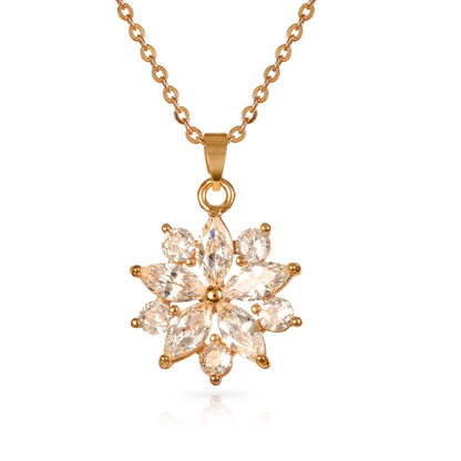 Gold Sparkling Floral Pendant Necklace with Marquise and Round Cubic Zirconia stones