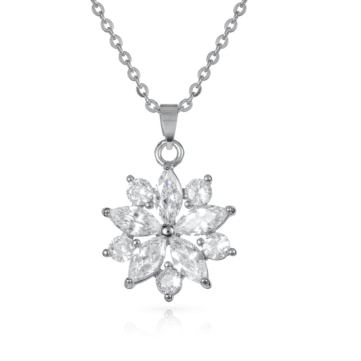 Silver Sparkling Floral Pendant Necklace with Marquise and Round Cubic Zirconia stones