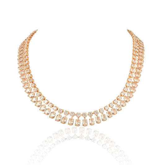 Gold Crystal Necklace with Round & Pear Shaped Cubic Zirconia Stones For Women