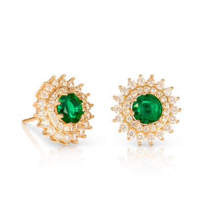 Gold Green Round Halo Stud Earrings With Green Crystal For Women