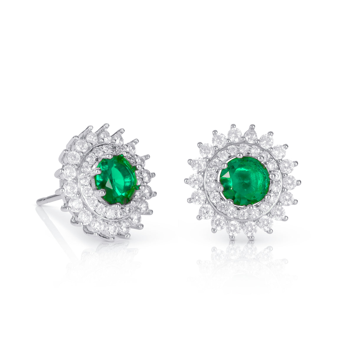Green Silver Round Halo Stud Earrings With Green Crystal For Women