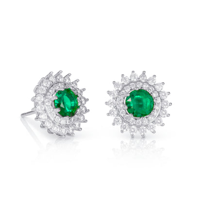 Green Silver Round Halo Stud Earrings With Green Crystal For Women